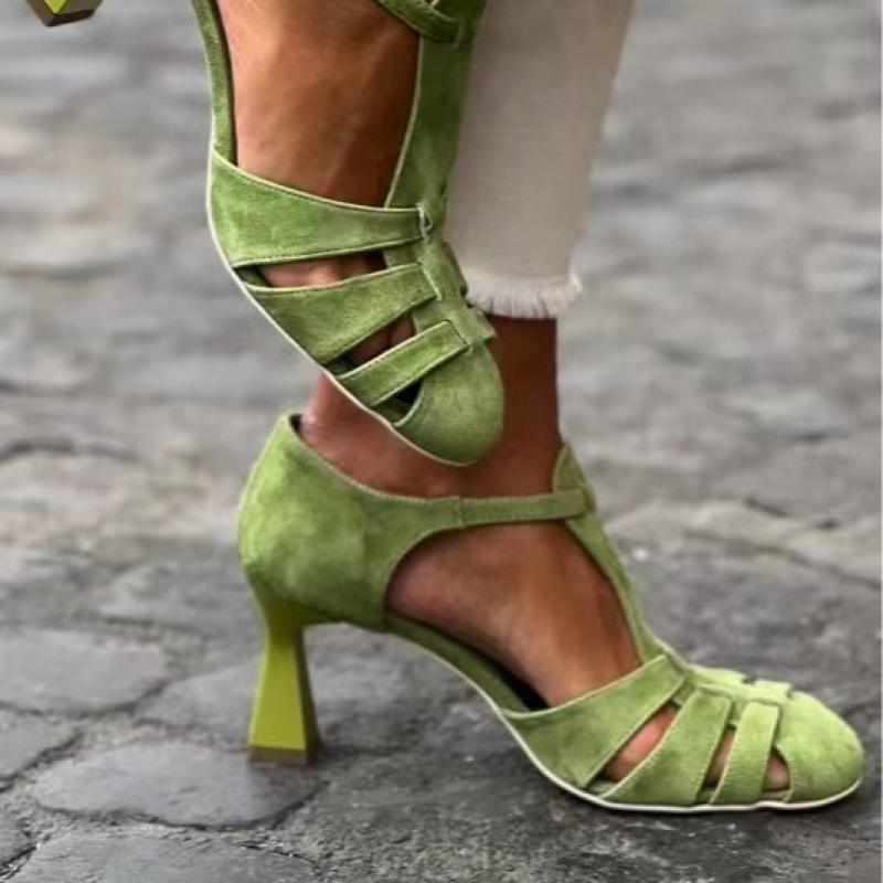 Summer Holiday Clothing Women - Women's Green Suede Kitten Heel T-Strap