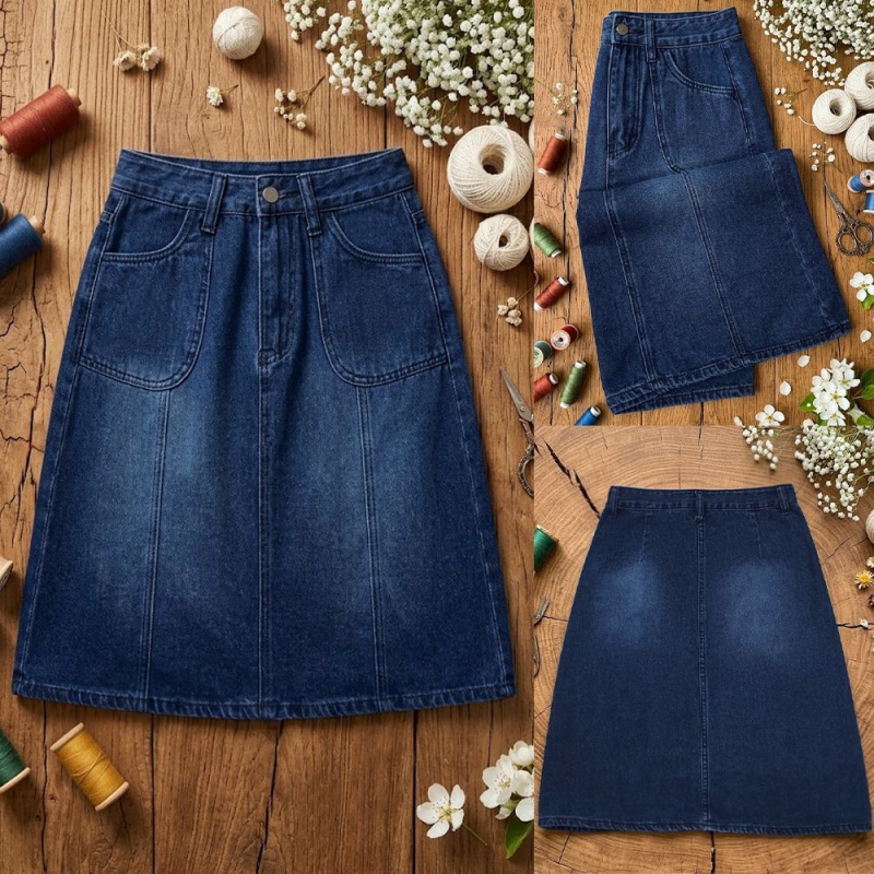 Summer Quilt - Women's High-Waisted Mid-Length A-Line Denim Skirt