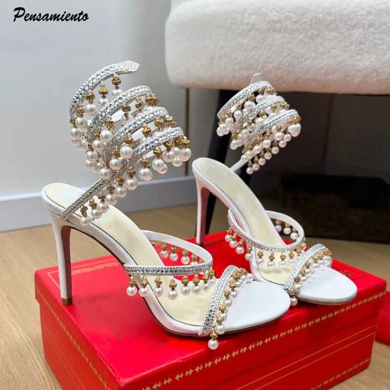 Summer Holiday Clothing Women - Luxury Rhinestones Pearls Tassels Women Gladiator